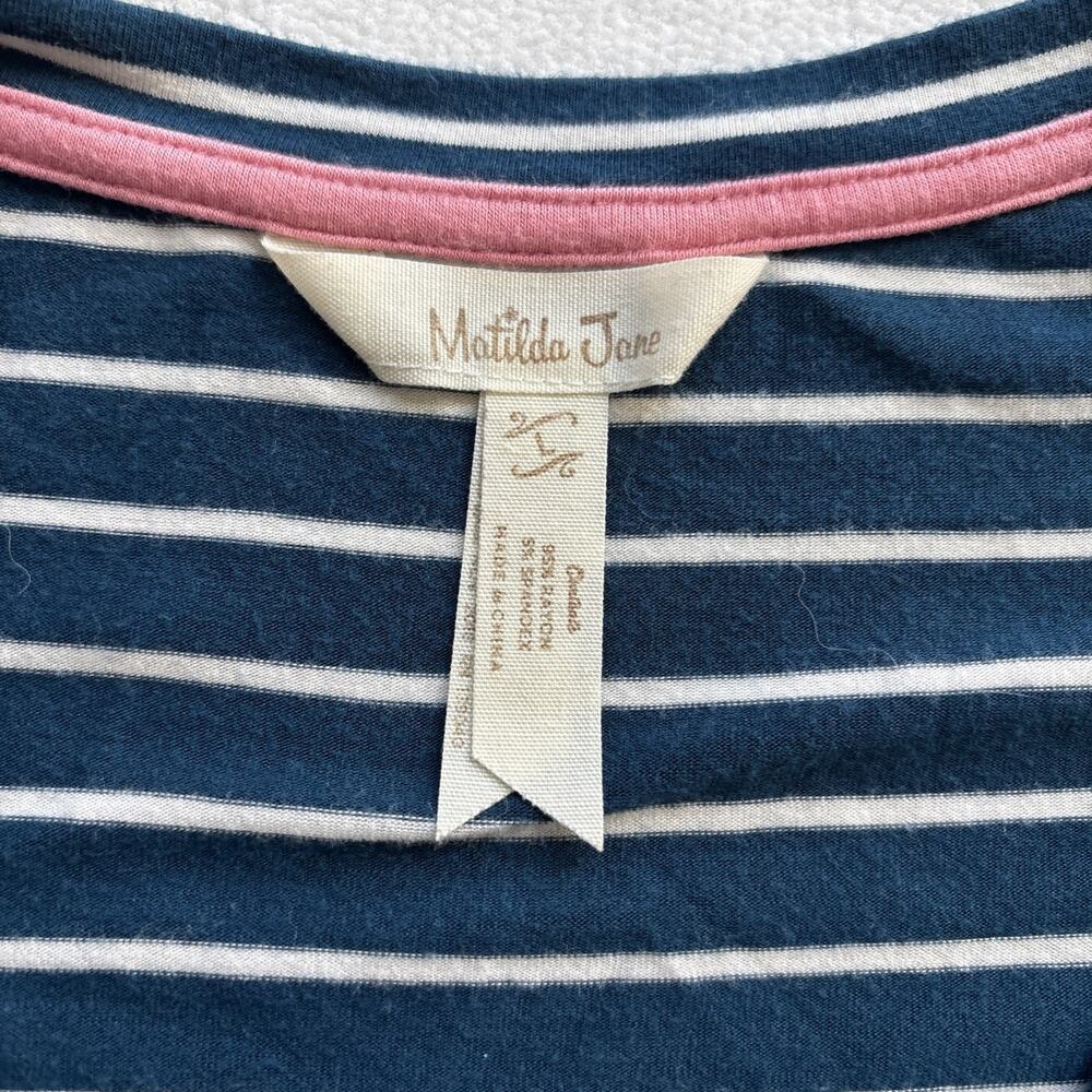 Matilda Jane Women Set Sail Maxi Dress‎ Teal Blue White Stripe Pockets Sz Large - Picture 2 of 8
